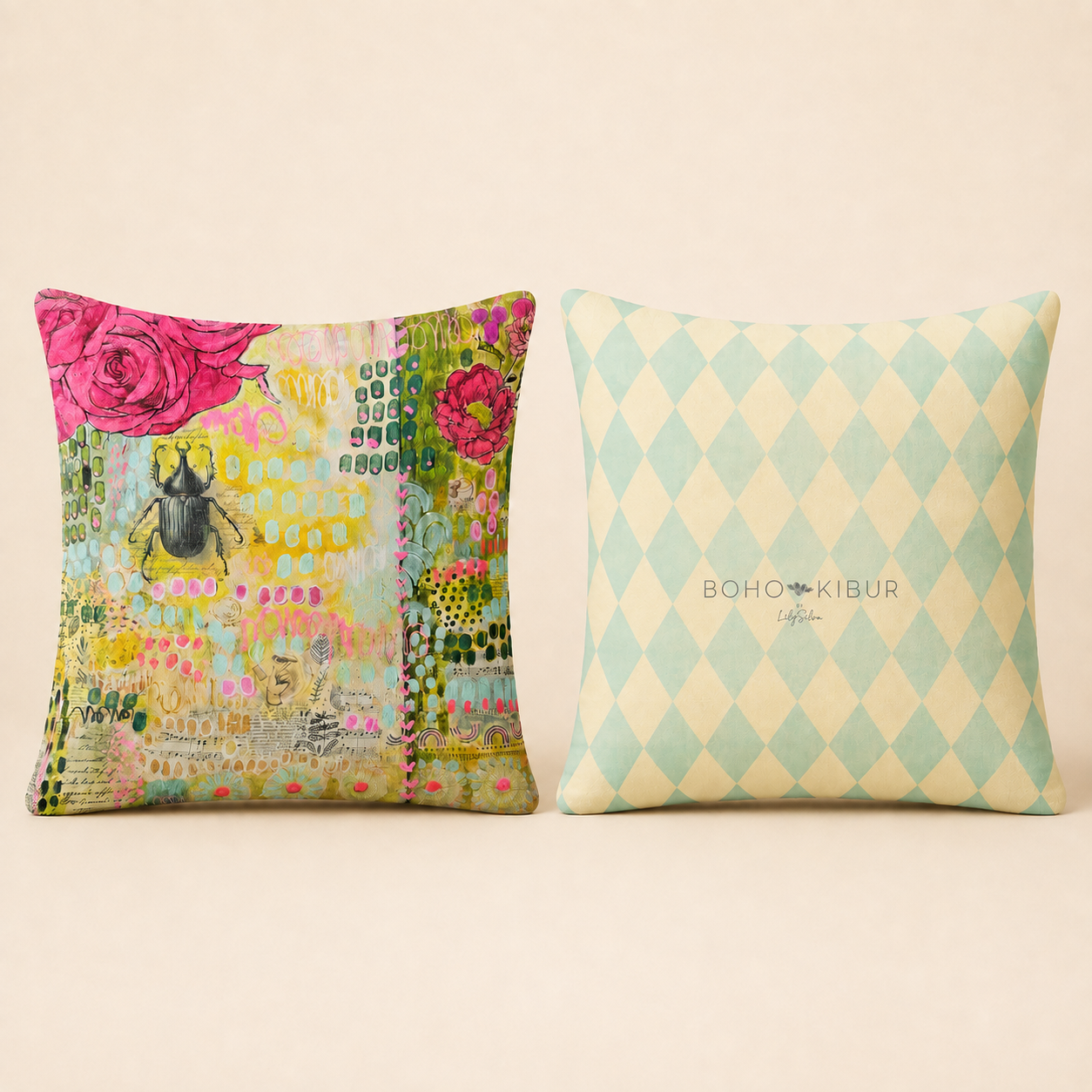 Cojín Boho Kibur Modelo 07, Serie 2026 · Mi Jardín Encantado, diseño de Liliana Silva