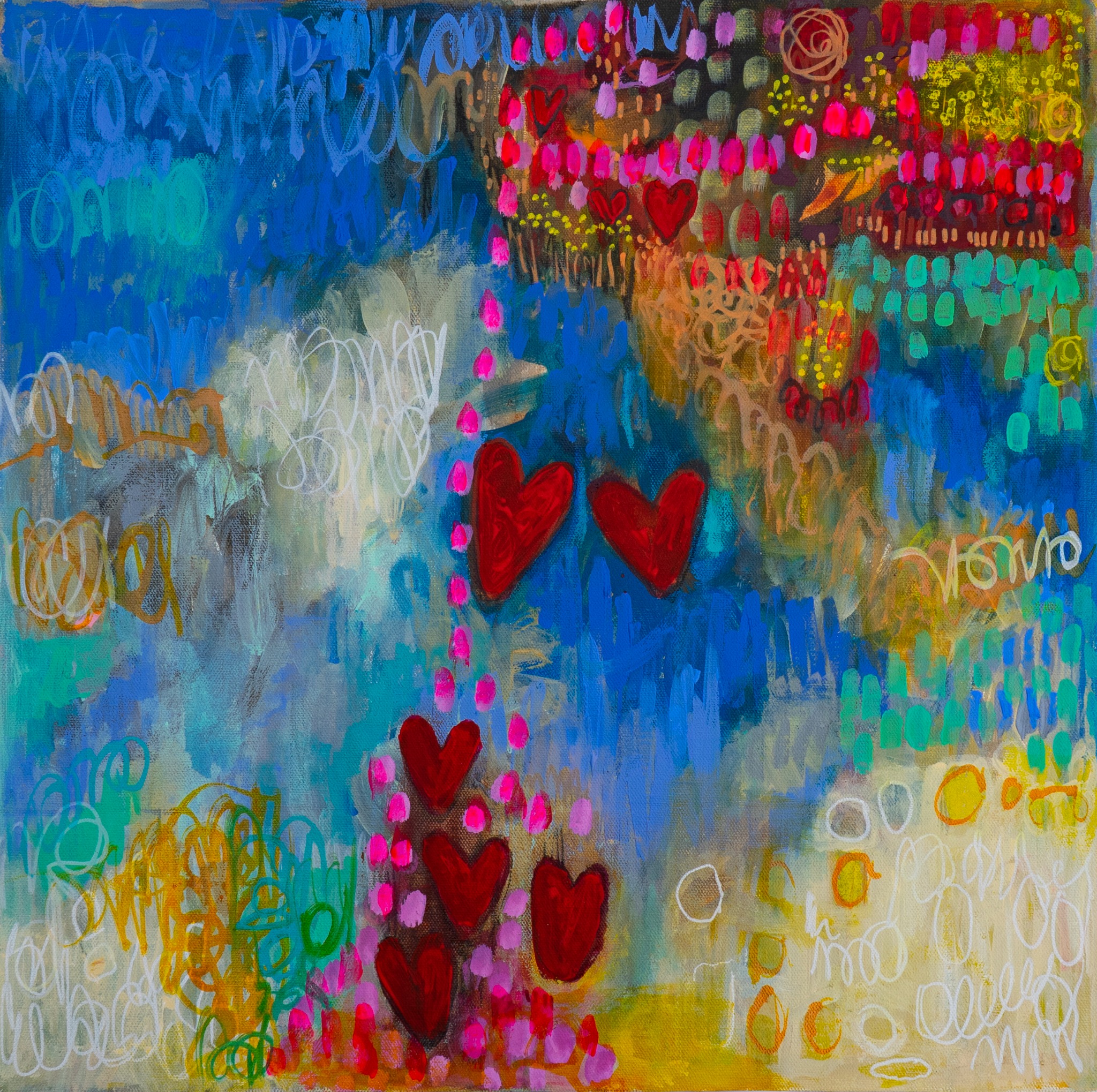 Obra abstracta original de Liliana Silva, en tonos azules con corazones rojos